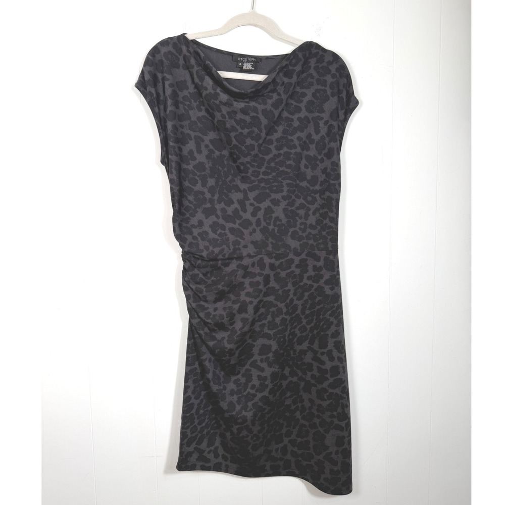 Etcetera Grey Black Cheetah Leopard Print Cowl Neck Ruched Sheath Dress Size 8